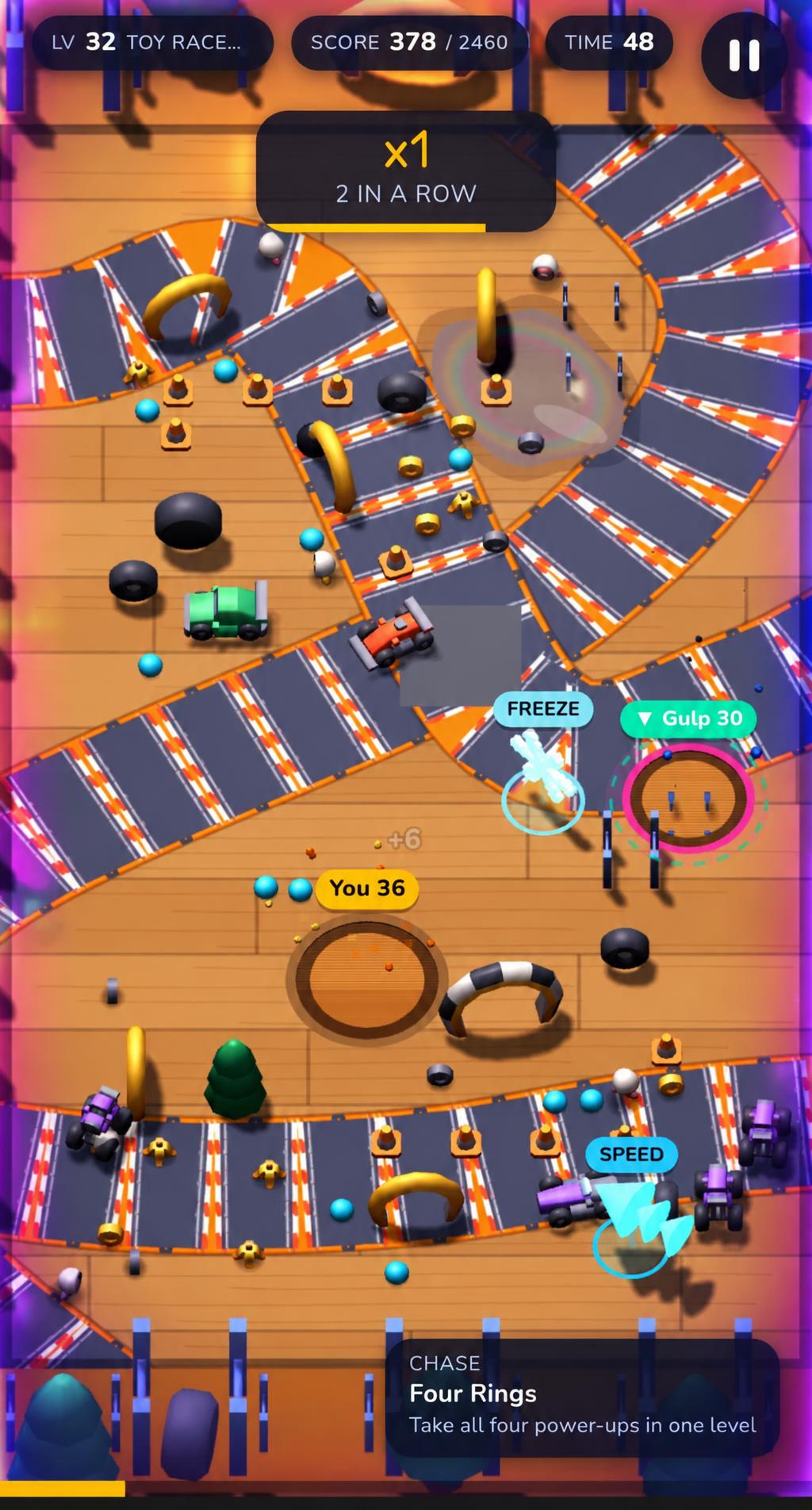 Holebound gameplay: race a rival hole across a toy track, swallowing toys and grabbing power-ups